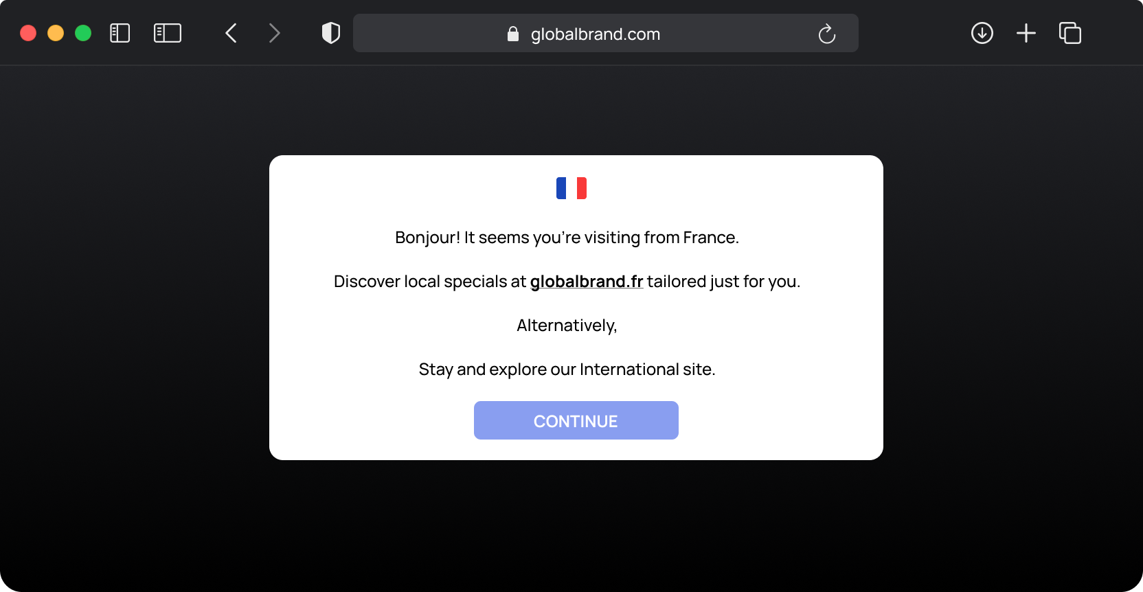 Banner displaying a personalized greeting for French visitors, driven by EasyAPI.io's Geolocation API