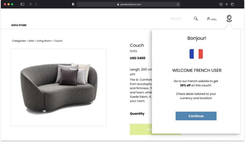 Website banner on a couch-selling site indicating a France-specific discount, powered by EasyAPI.io's Geolocation tools