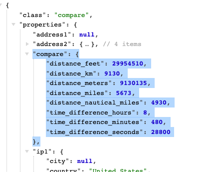 Screenshot of a text editor displaying an API response with two key sections: 'Distance Metrics' showing distance calculations in various units, and 'Time Difference' showing time differences in hours, minutes, and seconds between two locations.