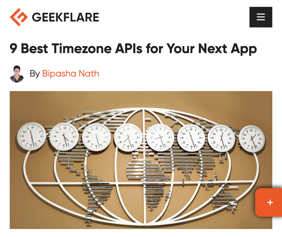 GeekFlare website showcasing different time zones, with text highlighting their feature on the "9 Best Timezone APIs for Your Next App"